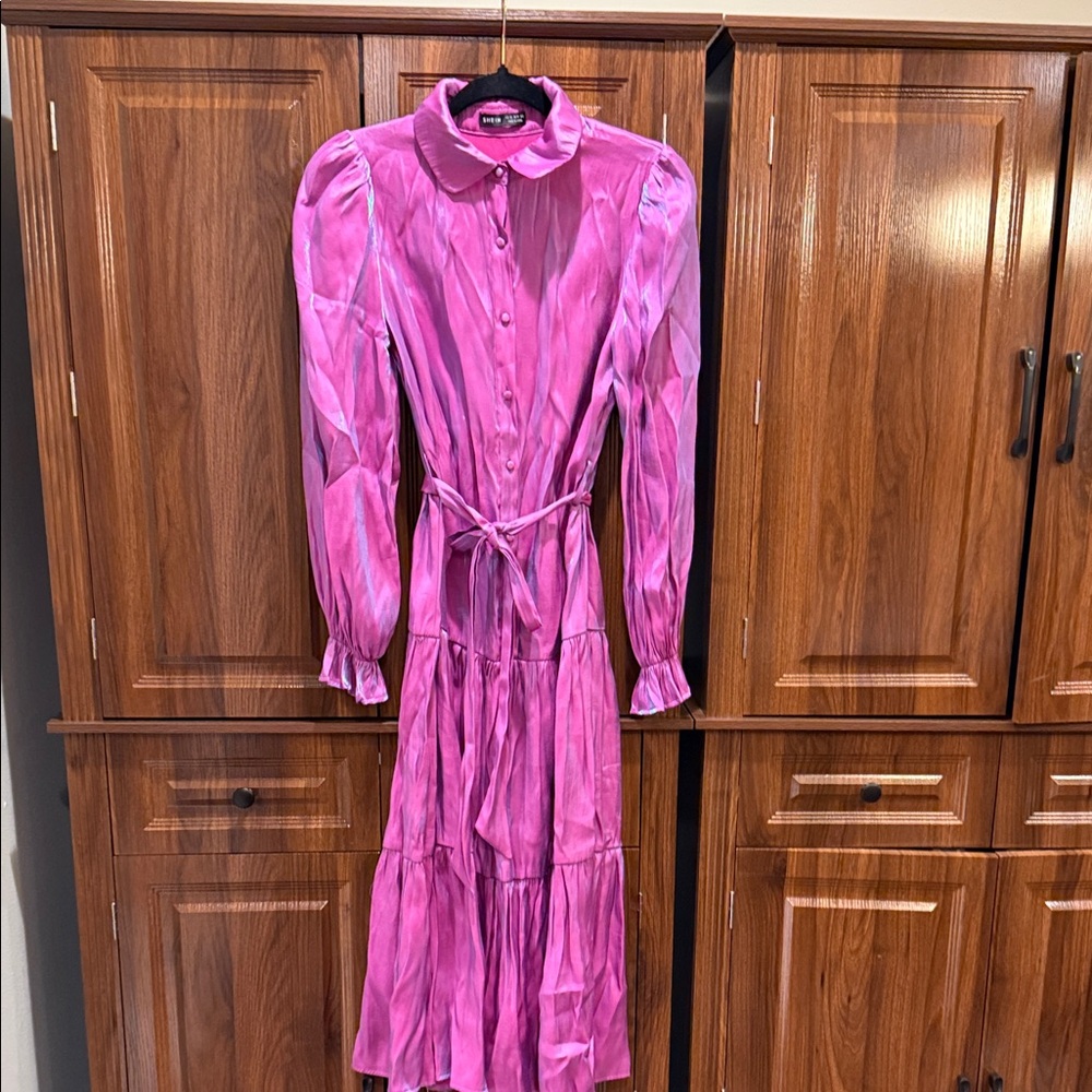SHEIN Fuchsia Pink Long Sleeve Tiered Button-Down Dress with Waist Tie